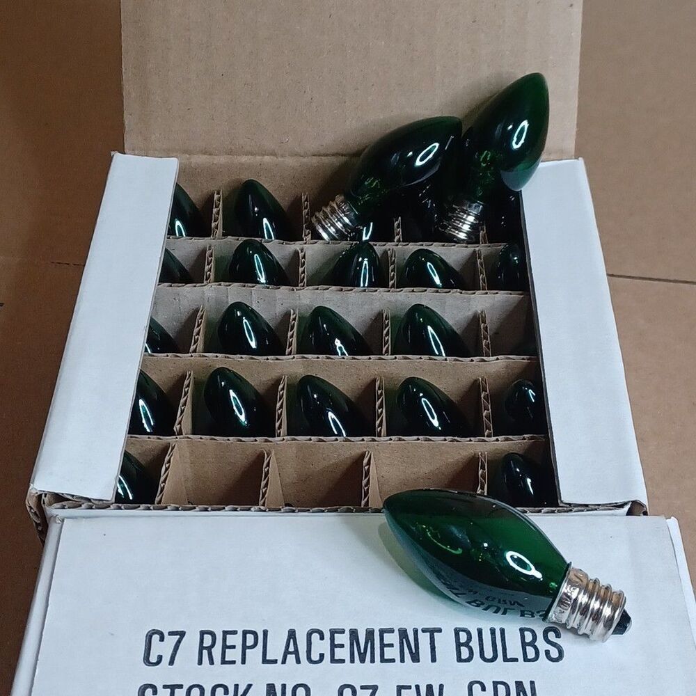 C7 5W Green Box of 25 Replacement Bulbs Transparent 130v NOS Light Outdoor Craft